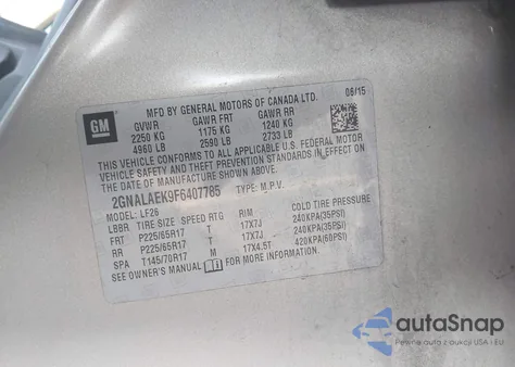 2015 Chevrolet Equinox Ls from USA, damaged, VIN 2GNALAEK9F6407785